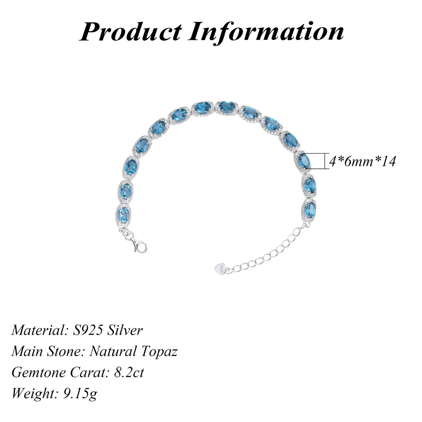 Exquisite Rhodium Plated 925 Sterling Silver Natural Swiss Blue Topaz Bracelet