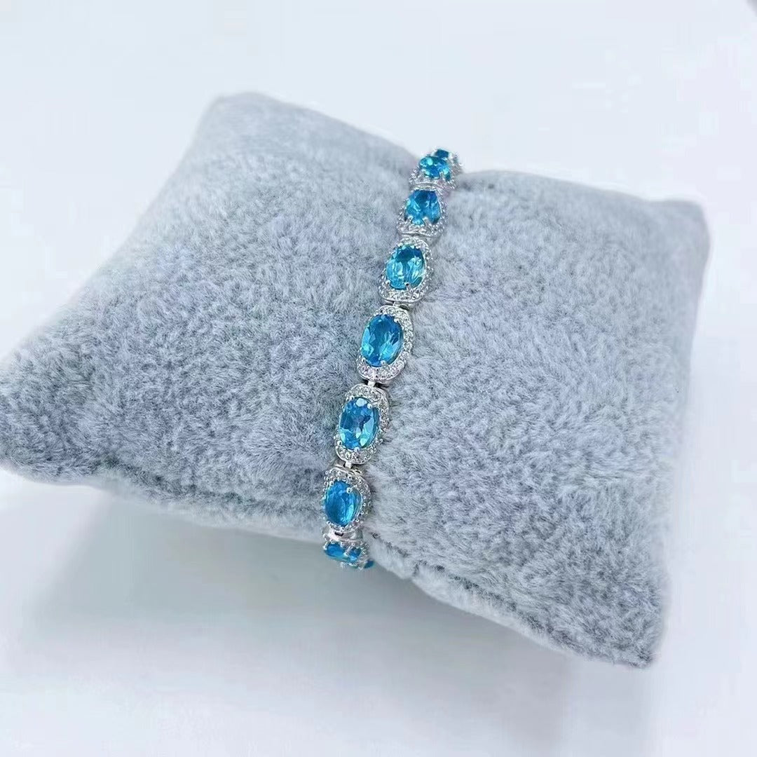 Exquisite Rhodium Plated 925 Sterling Silver Natural Swiss Blue Topaz Bracelet