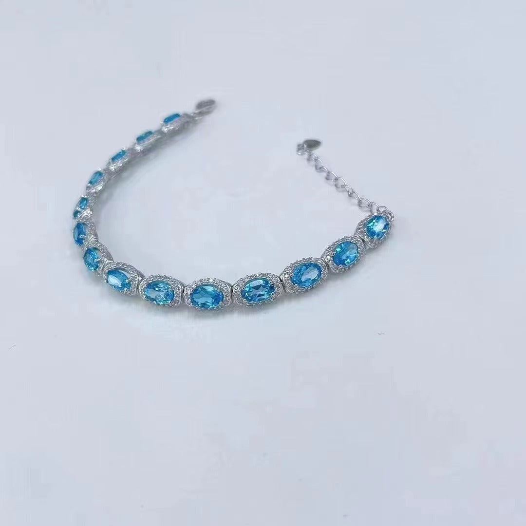 Exquisite Rhodium Plated 925 Sterling Silver Natural Swiss Blue Topaz Bracelet