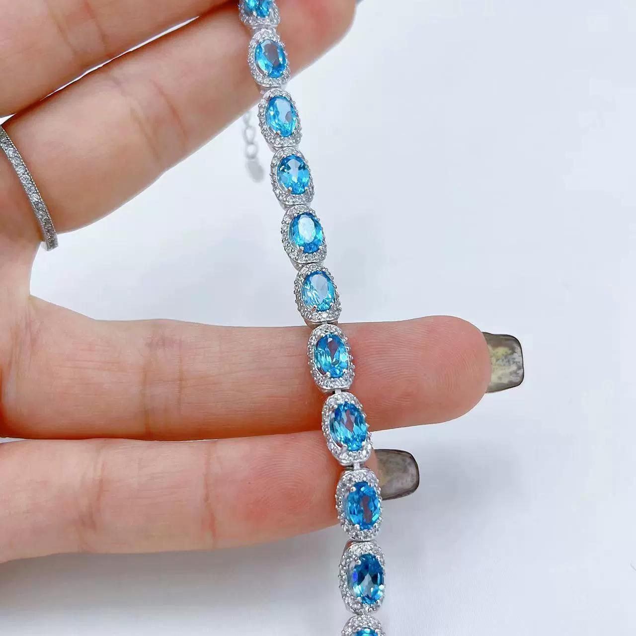 Exquisite Rhodium Plated 925 Sterling Silver Natural Swiss Blue Topaz Bracelet
