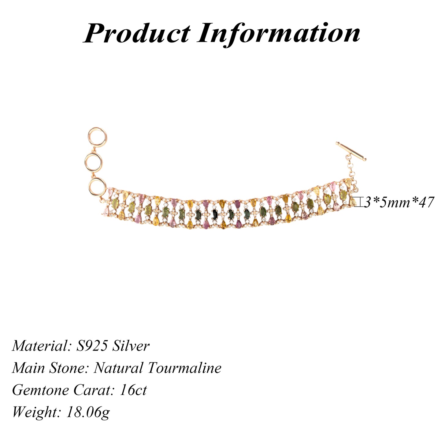 Rose Gold Plated Sterling Silver 925 Bracelet Precious Natural Tourmaline