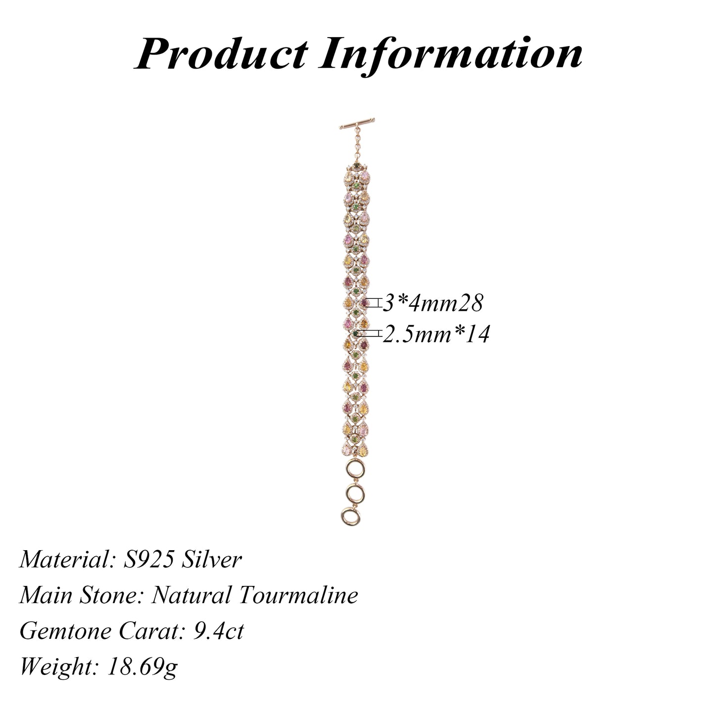 Opulent Rose Gold Plated 925 Silver Jewelry Natural Tourmaline Bracelet