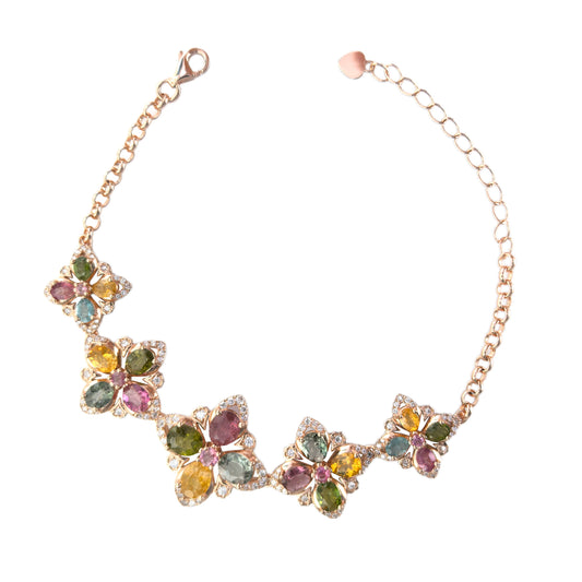 Delicate Rose Gold Plated 925 Sterling Silver Natural Tourmaline Clover Bracelet