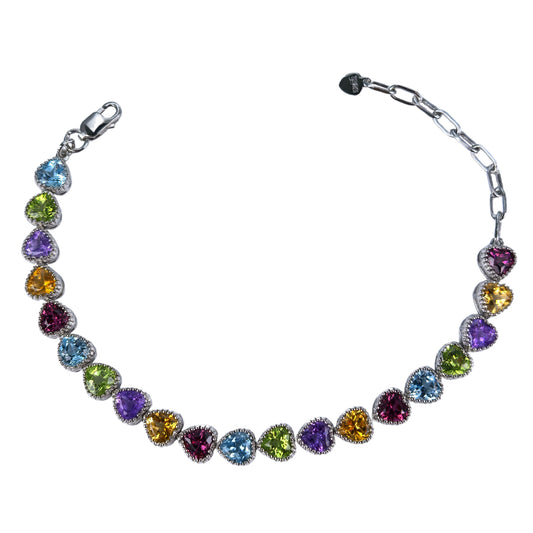 Delicate Rhodium Plated Silver 925 Jewelry Multiple Natural Gemstone Heart Bracelet