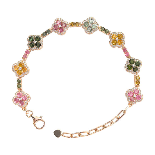 Romantic Rose Gold Plated 925 Fine Jewelry Natural Tourmaline Clover Bracelet