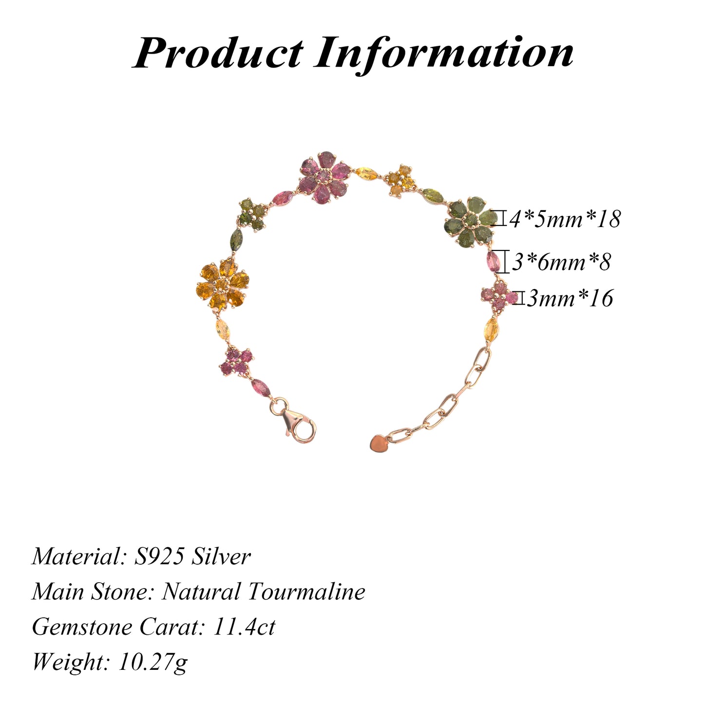 Graceful Rose Gold Plated 925 Silver Natural Tourmaline Flower Bracelet