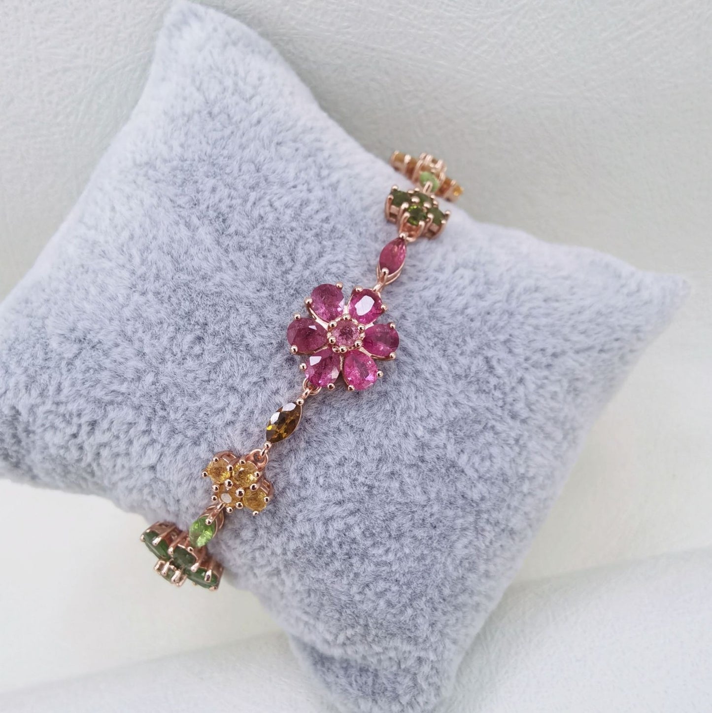 Graceful Rose Gold Plated 925 Silver Natural Tourmaline Flower Bracelet