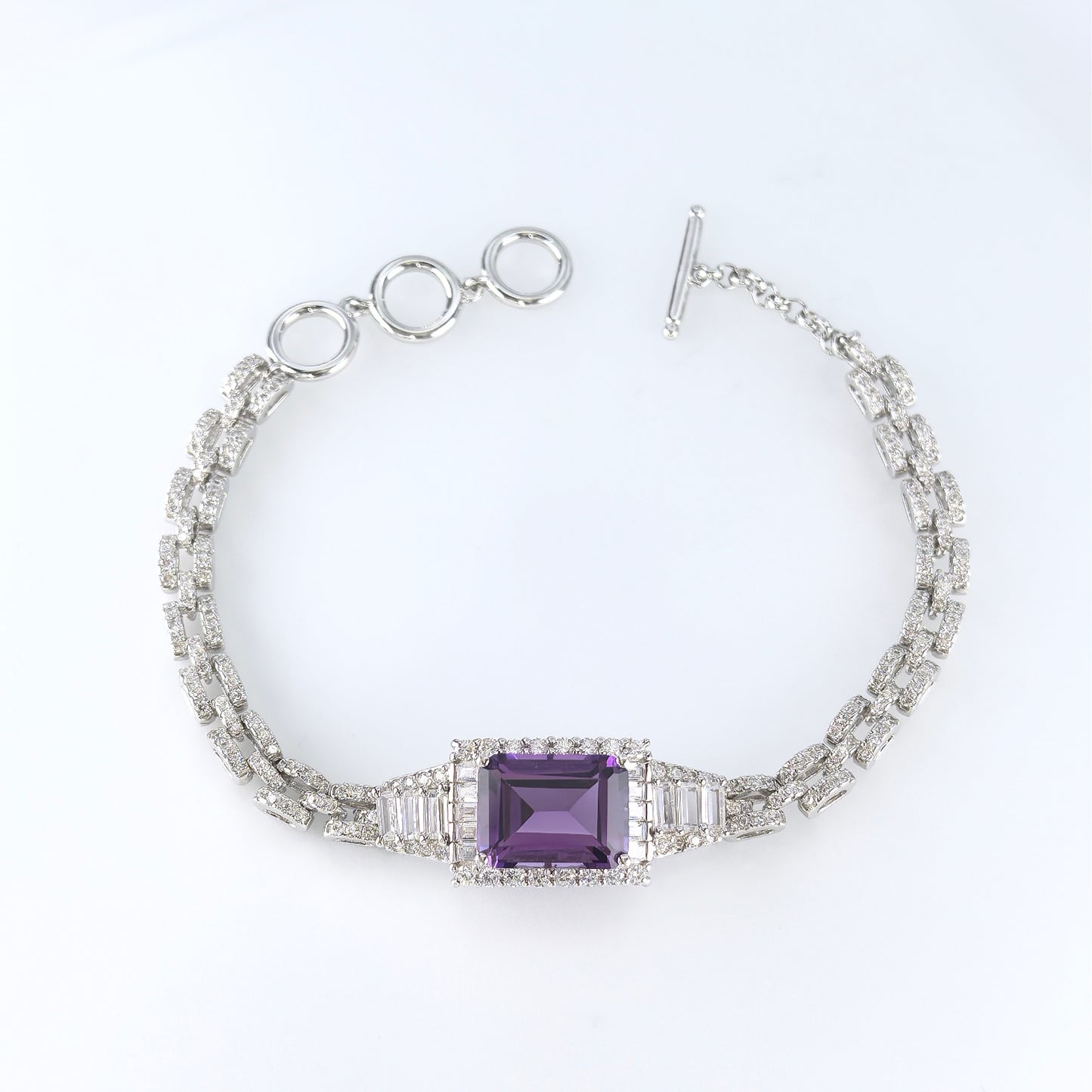 Precious Rhodium Plated 925 Silver Natural Amethyst Bracelet