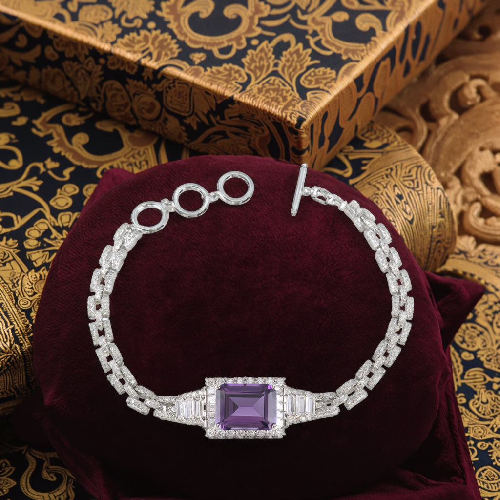 Precious Rhodium Plated 925 Silver Natural Amethyst Bracelet