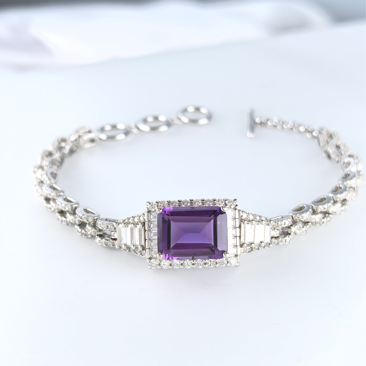 Precious Rhodium Plated 925 Silver Natural Amethyst Bracelet