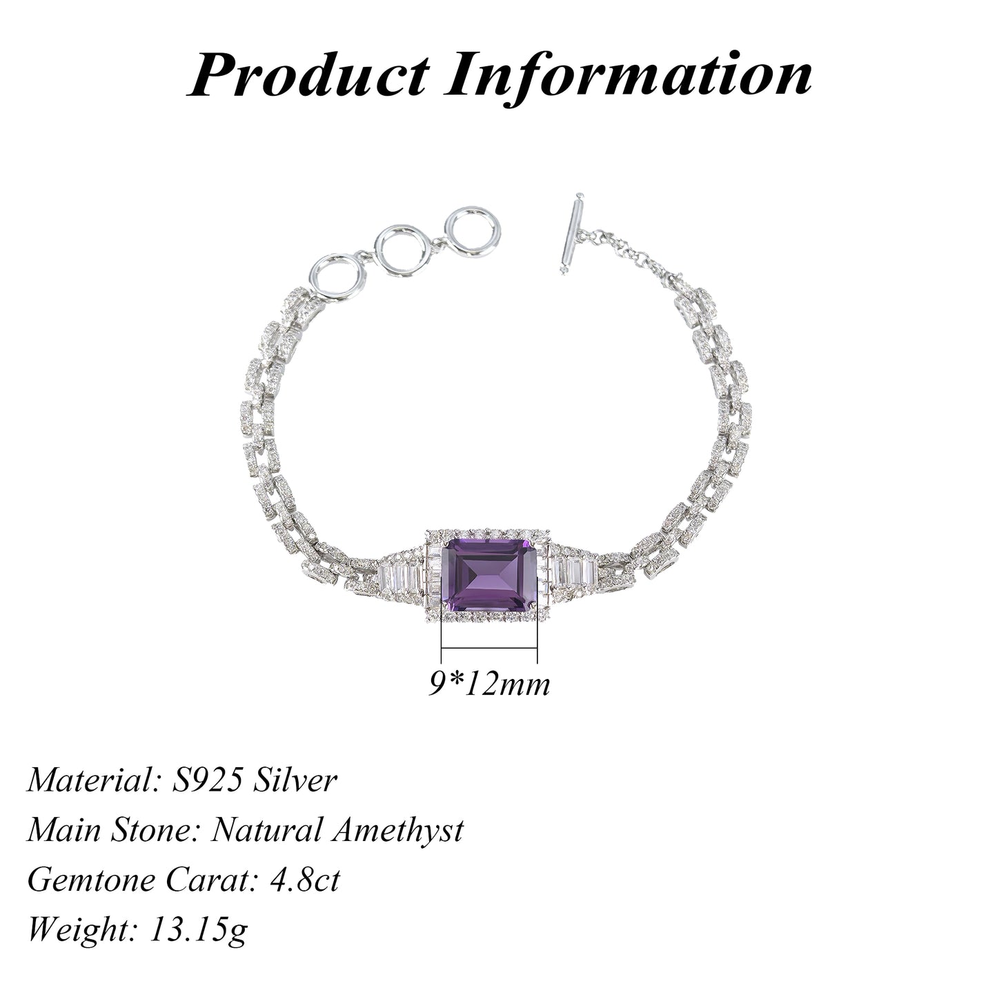 Precious Rhodium Plated 925 Silver Natural Amethyst Bracelet