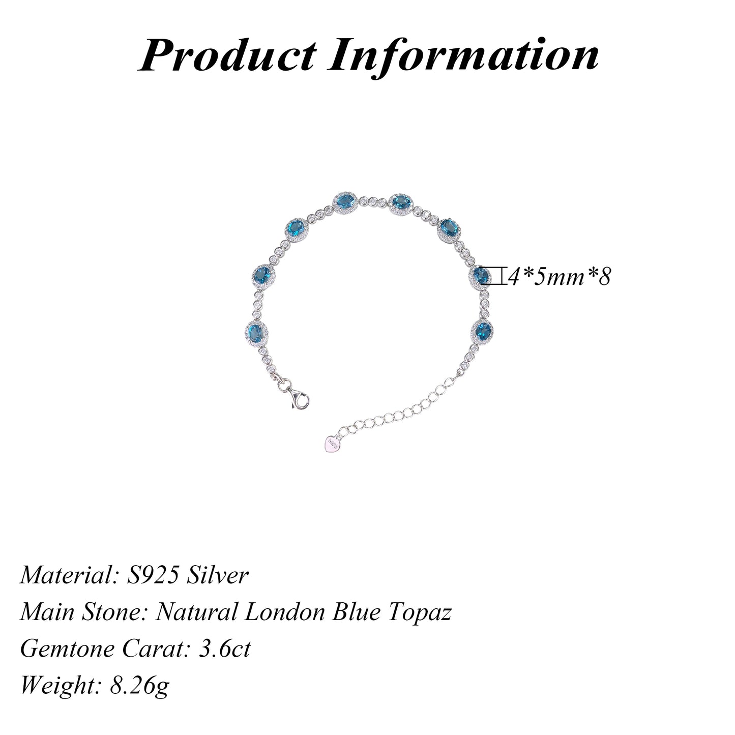 Dazzling Rhodium Plated Silver 925 Jewelry Natural London Blue Topaz Bracelet