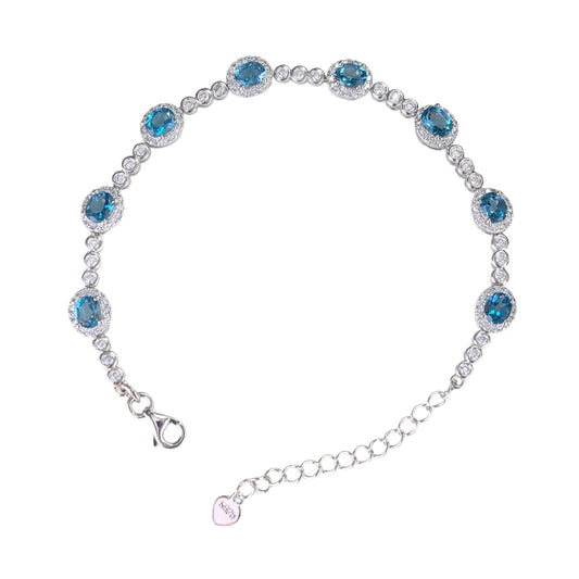 Dazzling Rhodium Plated Silver 925 Jewelry Natural London Blue Topaz Bracelet