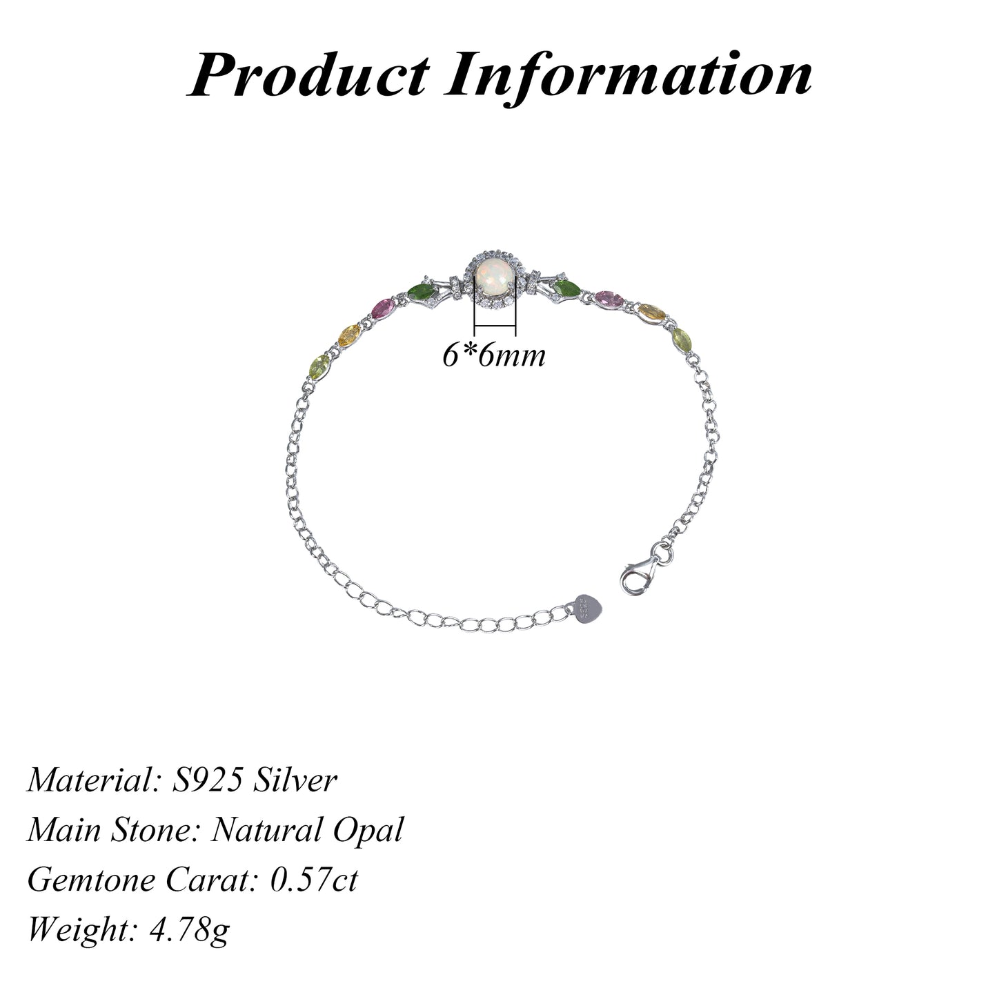 Exquisite Rhodium Plated Silver 925 Jewelry Natural Opal Bracelet