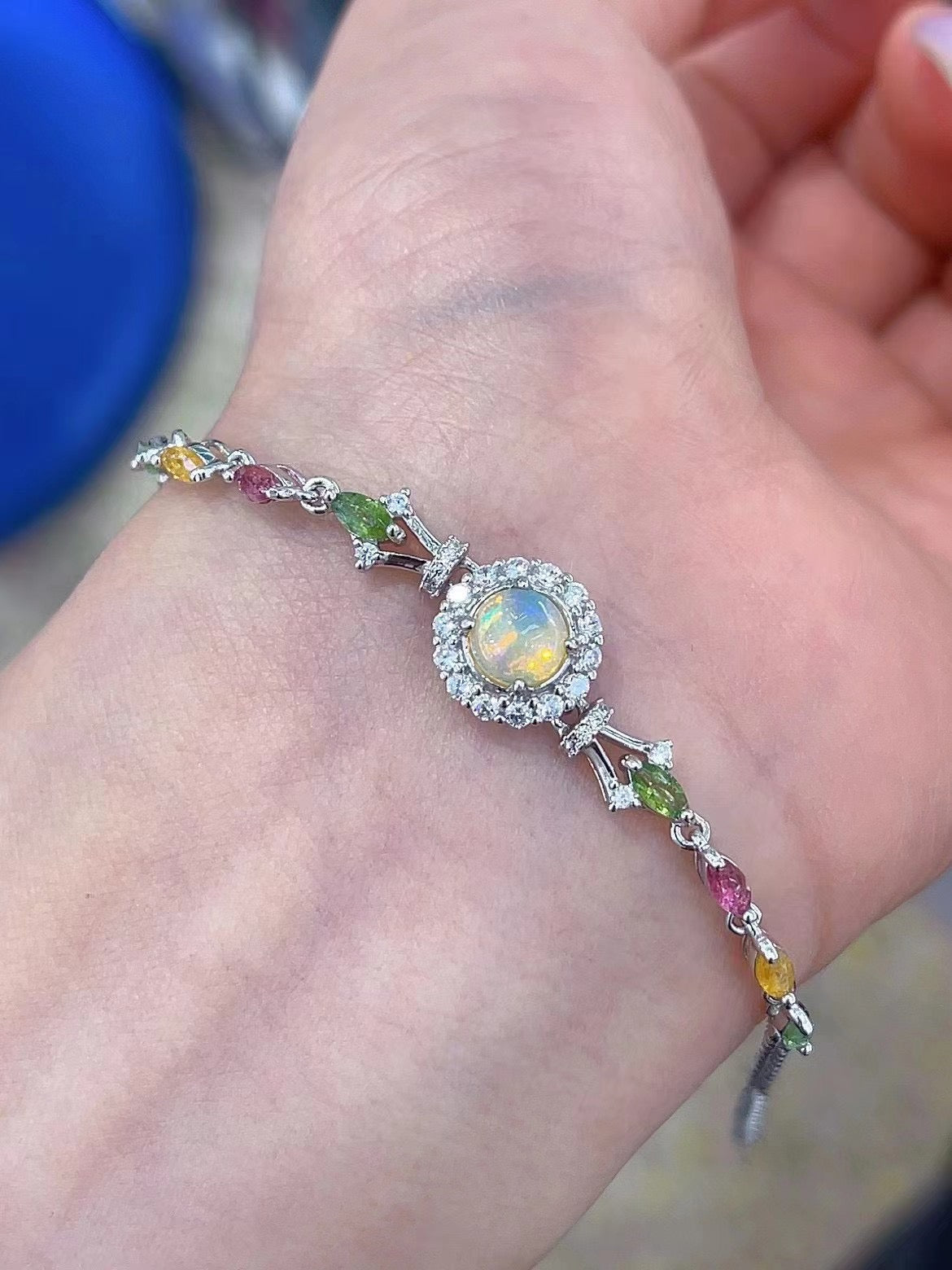 Exquisite Rhodium Plated Silver 925 Jewelry Natural Opal Bracelet
