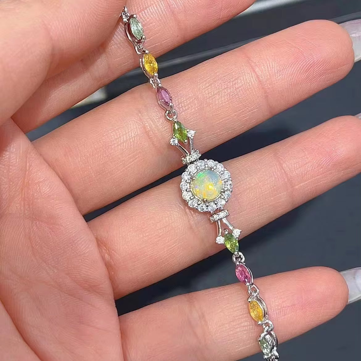 Exquisite Rhodium Plated Silver 925 Jewelry Natural Opal Bracelet