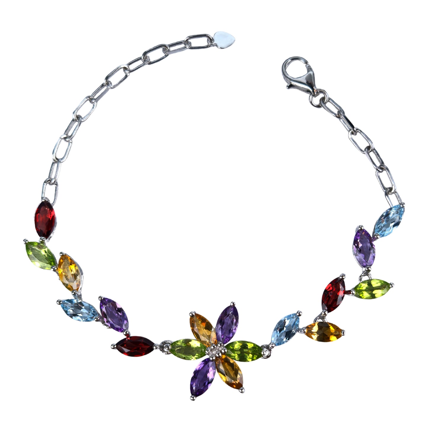 Elegant Rhodium Plated Silver 925 Jewelry Multiple Natural Gemstone Flower Bracelet