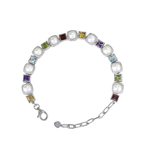 Graceful Rhodium Plated 925 Sterling Silver Freshwater Pearl Bracelet