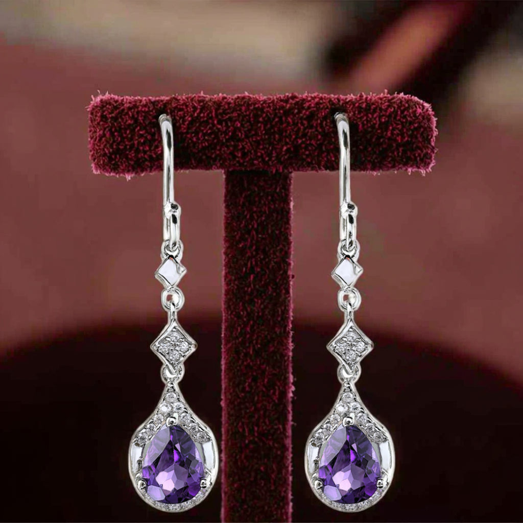 Delicate Rhodium Plated 925 Silver Jewelry Natural Amethyst Drop Earrings