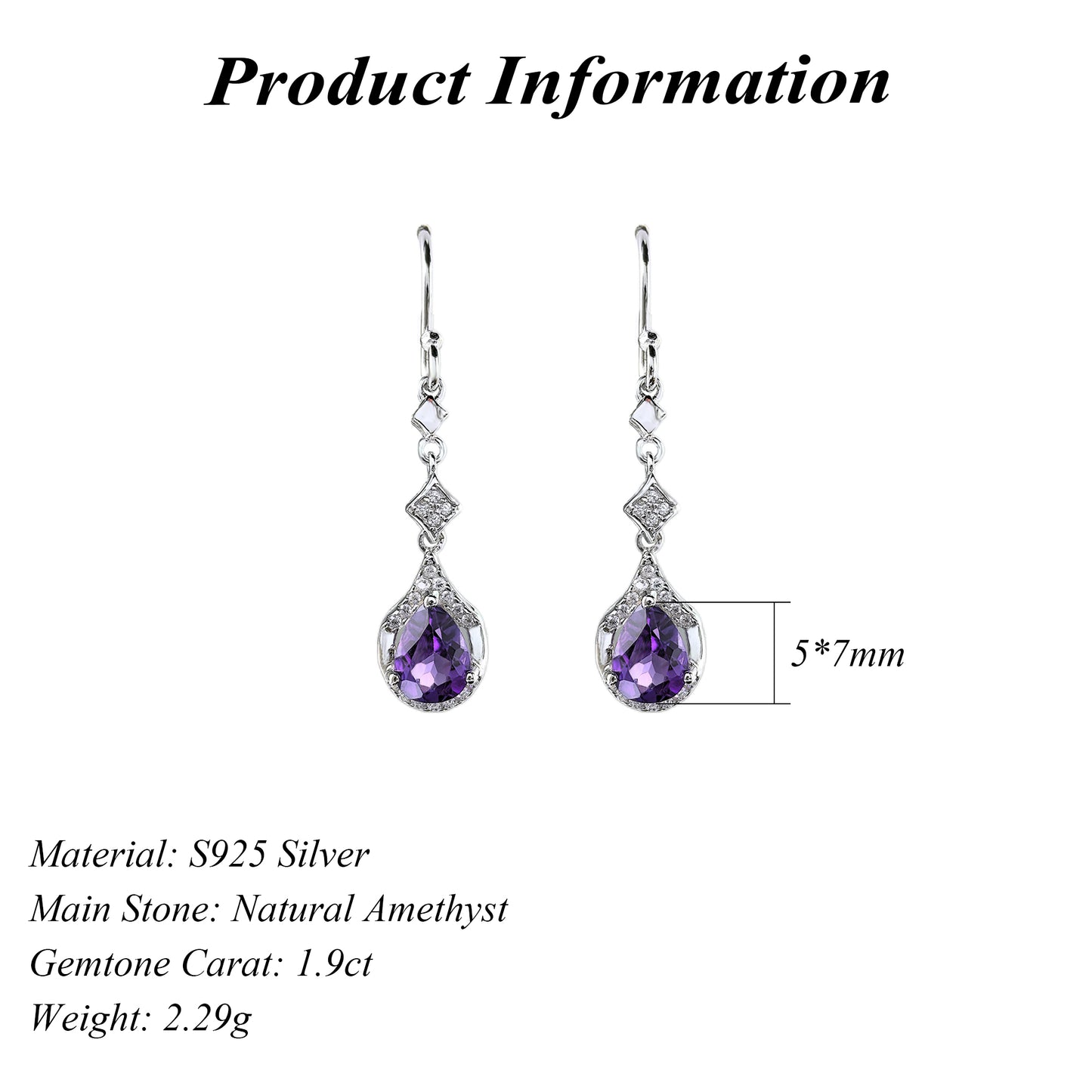 Delicate Rhodium Plated 925 Silver Jewelry Natural Amethyst Drop Earrings