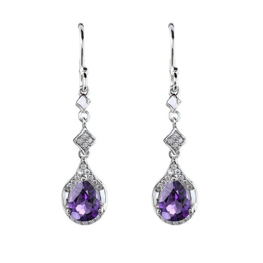 Delicate Rhodium Plated 925 Silver Jewelry Natural Amethyst Drop Earrings