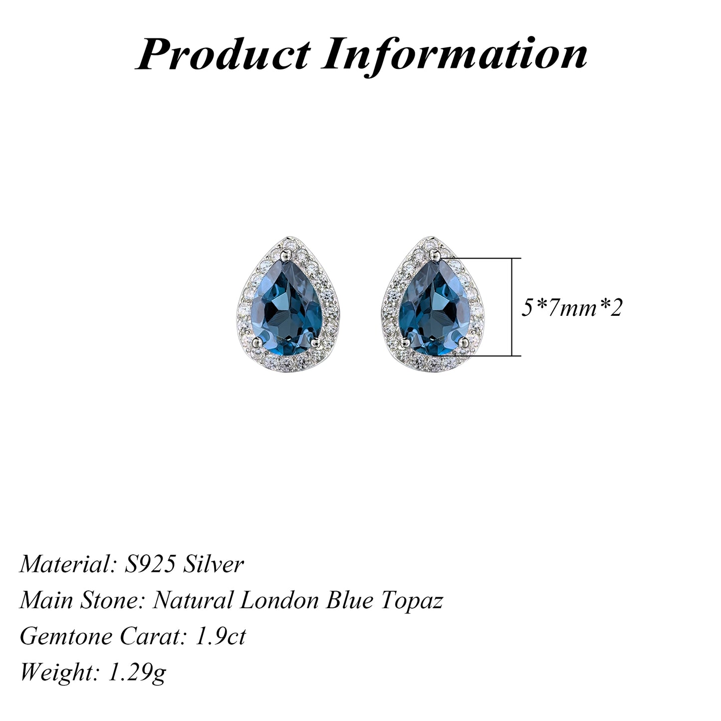 925 Silver Sparkling Rhodium Plated Natural London Blue Topaz Stud Earrings