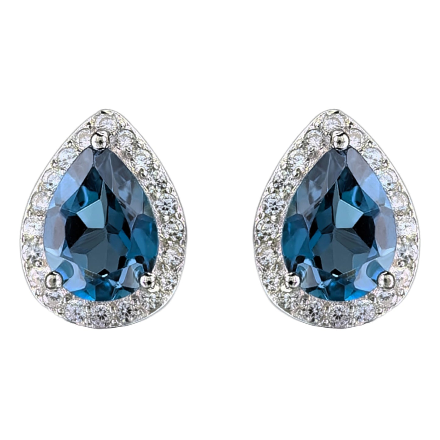 925 Silver Sparkling Rhodium Plated Natural London Blue Topaz Stud Earrings