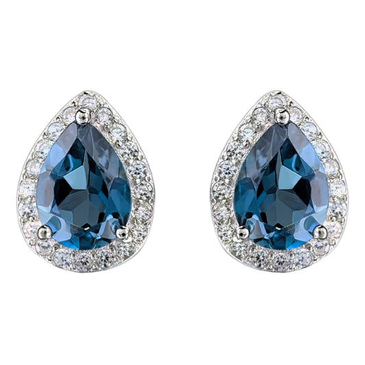925 Silver Sparkling Rhodium Plated Natural London Blue Topaz Stud Earrings