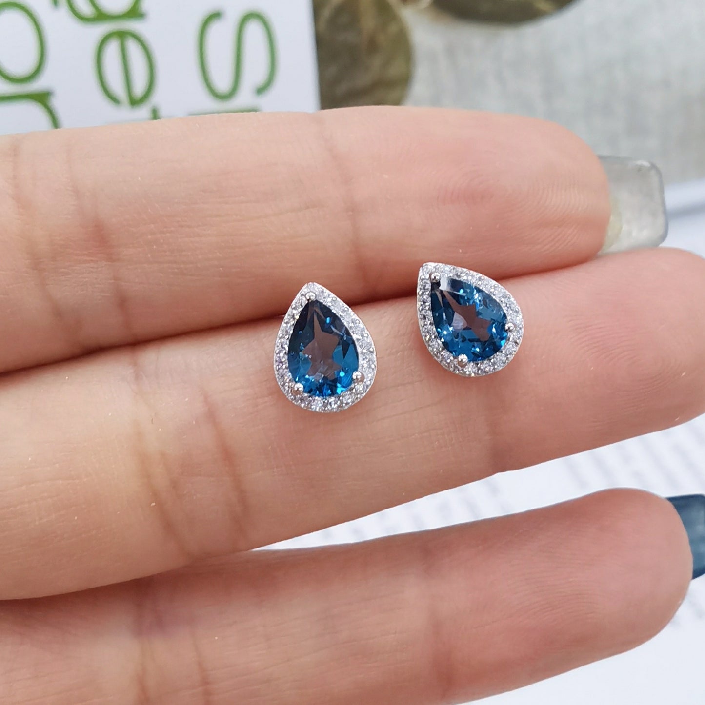 925 Silver Sparkling Rhodium Plated Natural London Blue Topaz Stud Earrings