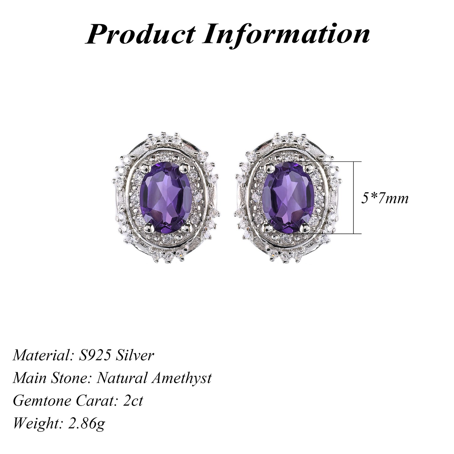 Unique Rhodium Plated 925 Sterling Silver Natural Amethyst Stud Earrings