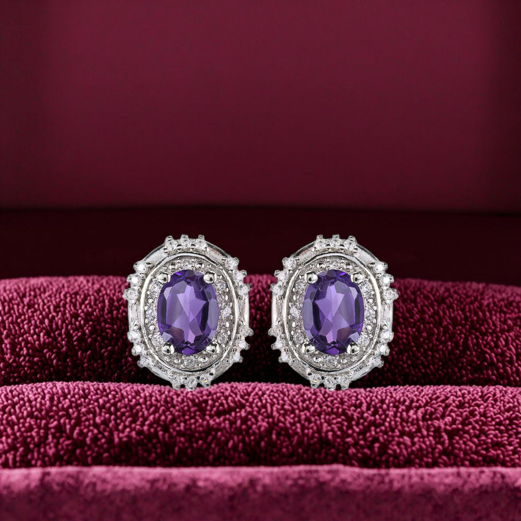 Unique Rhodium Plated 925 Sterling Silver Natural Amethyst Stud Earrings