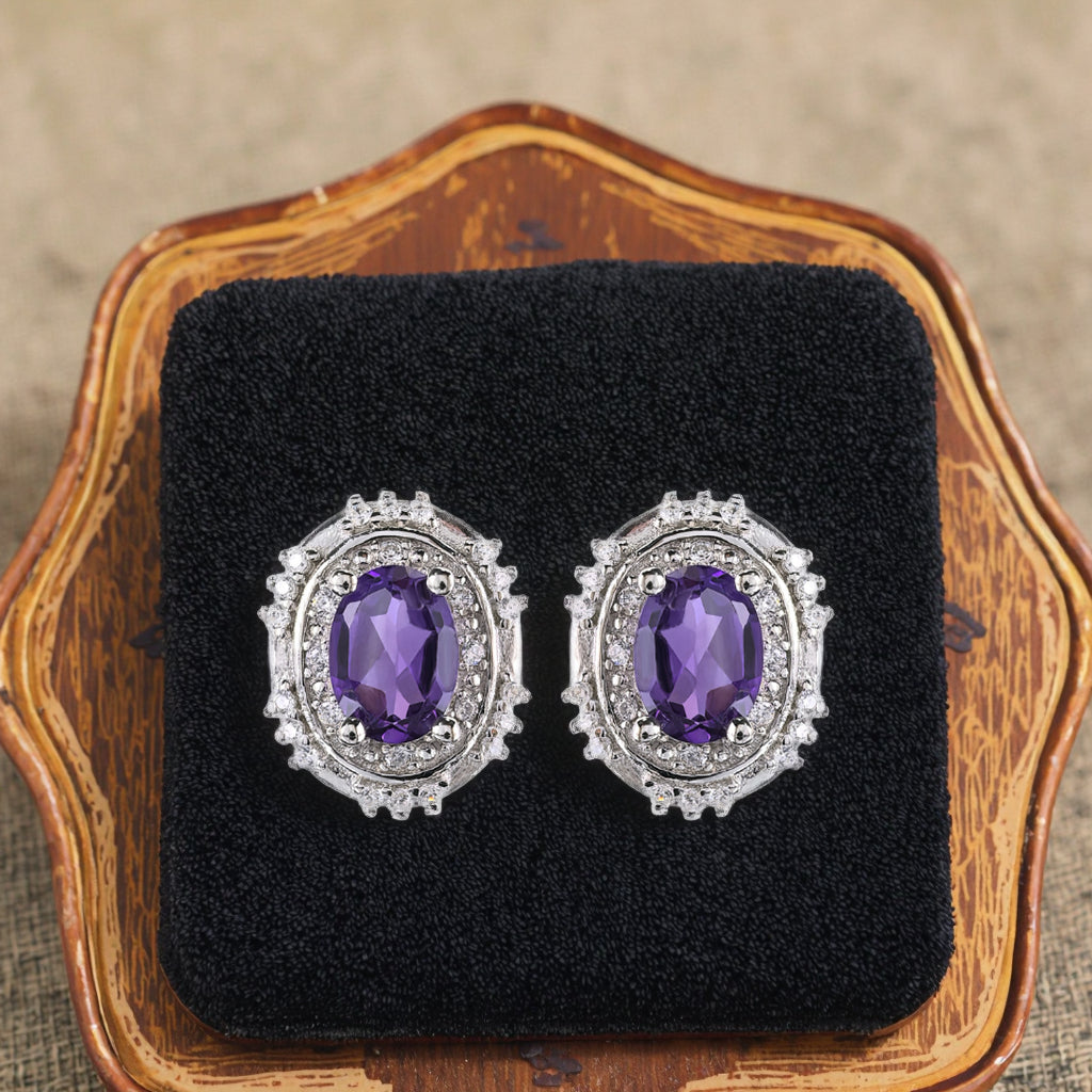 Unique Rhodium Plated 925 Sterling Silver Natural Amethyst Stud Earrings