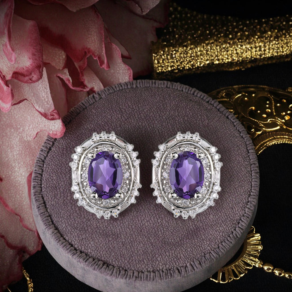Unique Rhodium Plated 925 Sterling Silver Natural Amethyst Stud Earrings