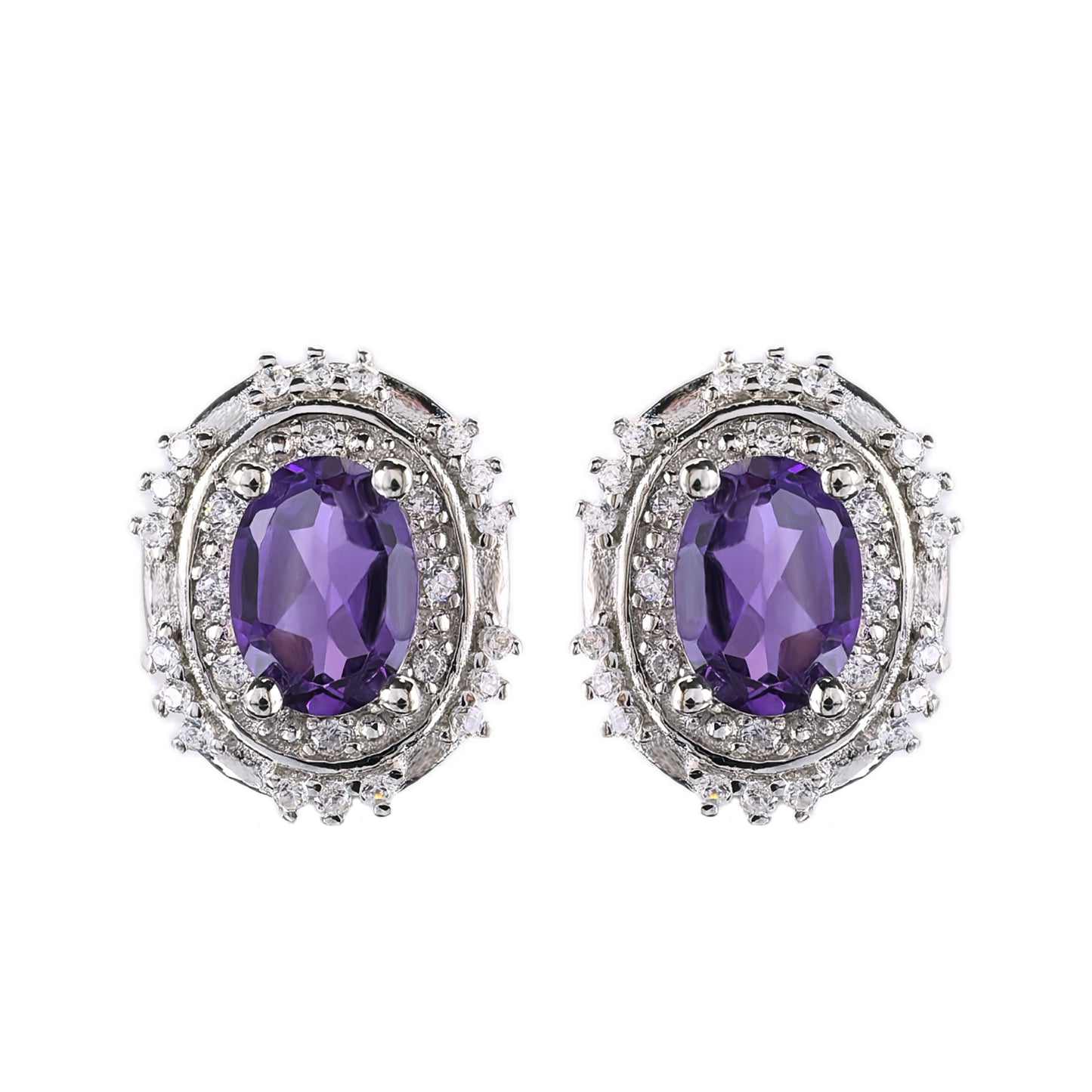 Unique Rhodium Plated 925 Sterling Silver Natural Amethyst Stud Earrings