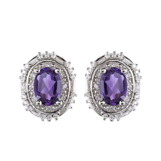 Unique Rhodium Plated 925 Sterling Silver Natural Amethyst Stud Earrings