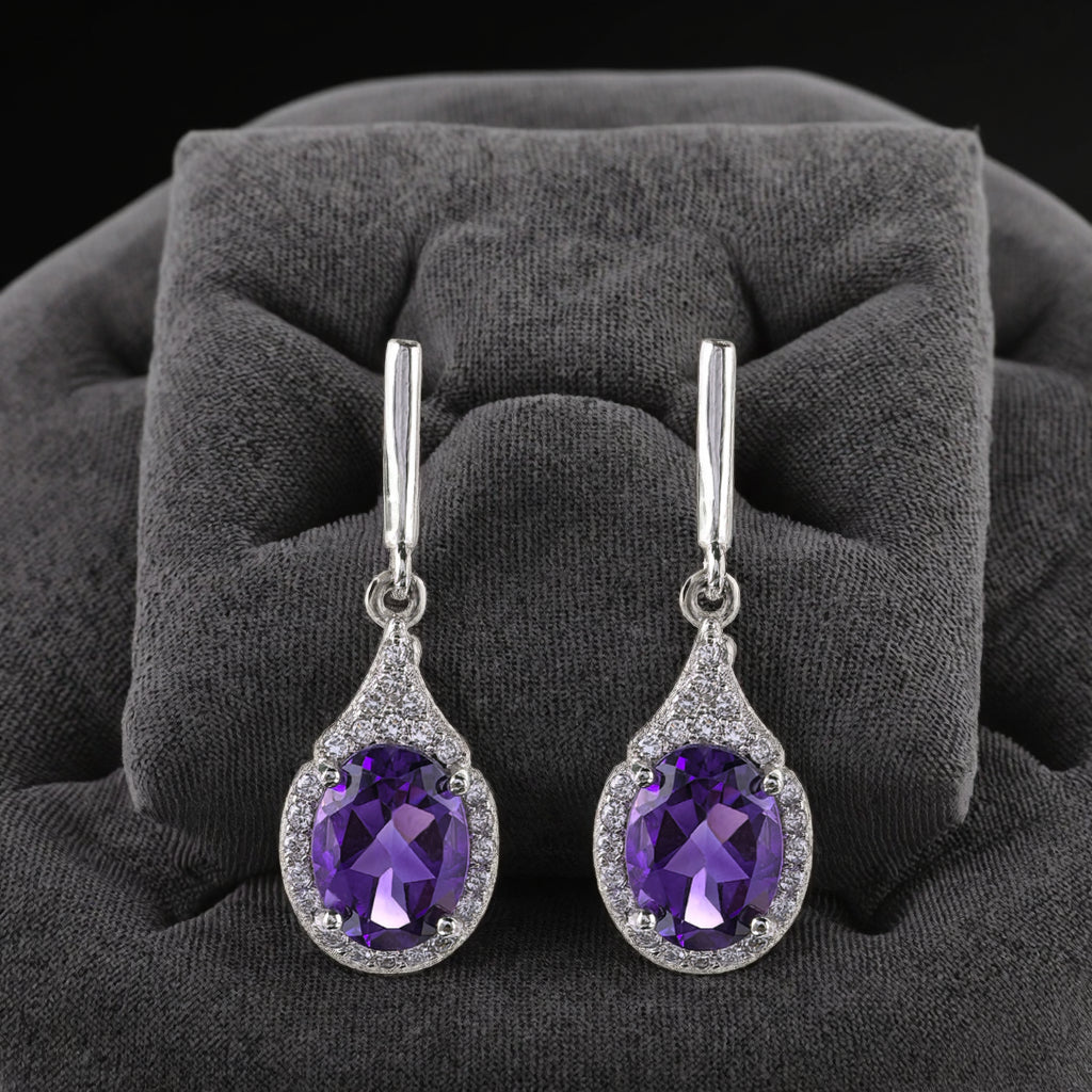 Vintage Silver 925 Rhodium Plated Natural Amethyst Drop Earrings