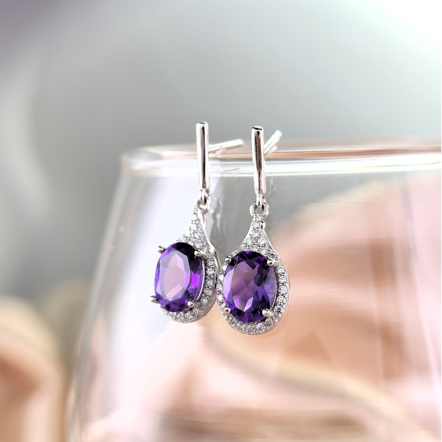 Vintage Silver 925 Rhodium Plated Natural Amethyst Drop Earrings