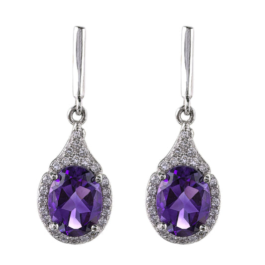 Vintage Silver 925 Rhodium Plated Natural Amethyst Drop Earrings