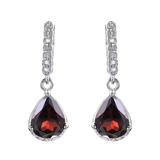 925 Silver Jewelry Earrings Sparkling Rhodium Plated Natural Pyrope Drop Elegant Water Drop Pattern for Wedding or Gift