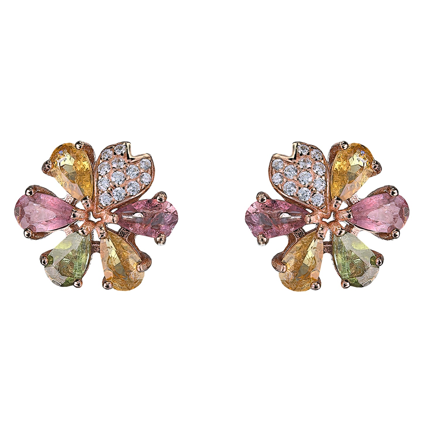 Charming Rose Gold Plated 925 Sterling Silver Natural Tourmaline Flower Stud Earrings