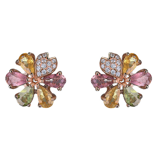 Charming Rose Gold Plated 925 Sterling Silver Natural Tourmaline Flower Stud Earrings