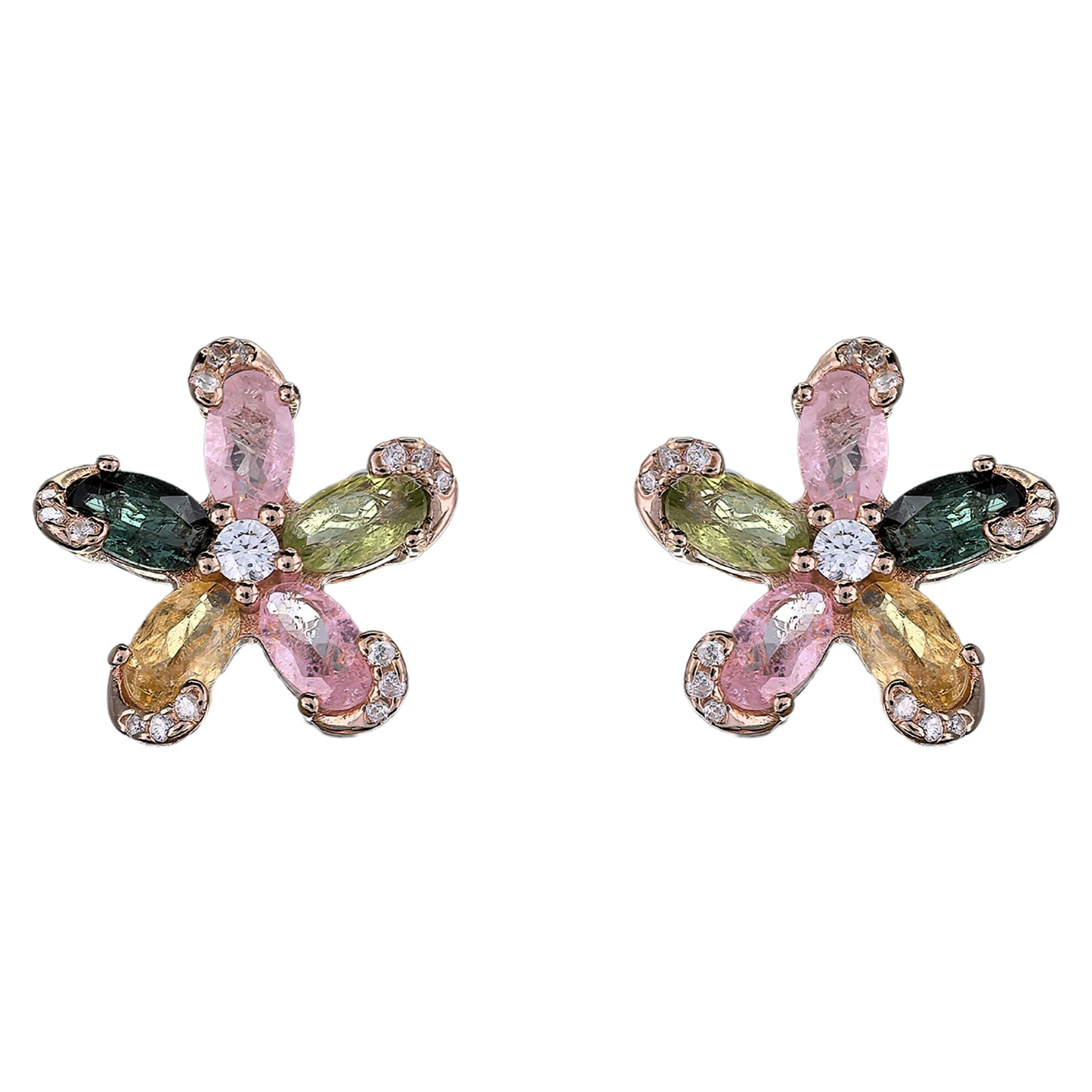Elegant Rose Gold Plated 925 Sterling Silver Natural Tourmaline Flower Stud Earrings