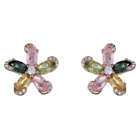 Elegant Rose Gold Plated 925 Sterling Silver Natural Tourmaline Flower Stud Earrings