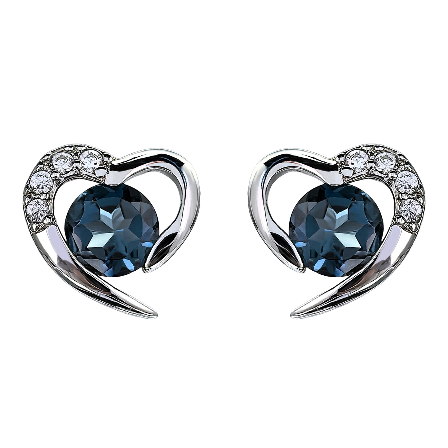 Elegant Rhodium Plated 925 Silver Jewelry Natural London Blue Topaz Heart Stud Earrings