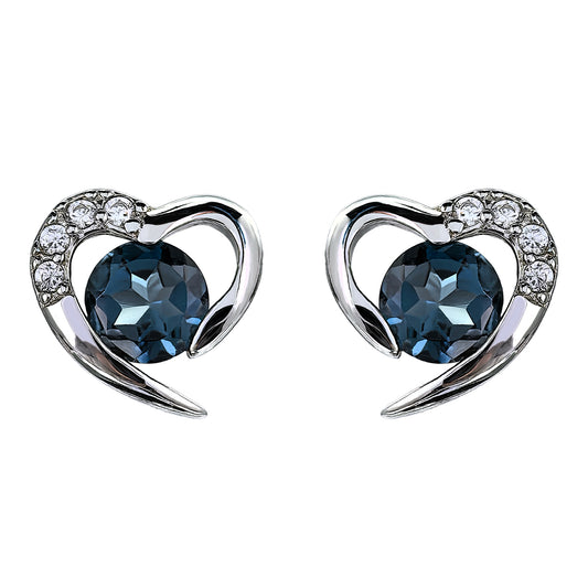 Elegant Rhodium Plated 925 Silver Jewelry Natural London Blue Topaz Heart Stud Earrings