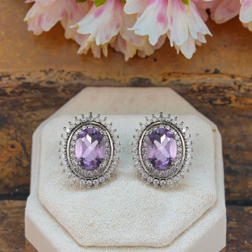 Sparkling Rhodium Plated 925 Sterling Silver Natural Amethyst Stud Earrings