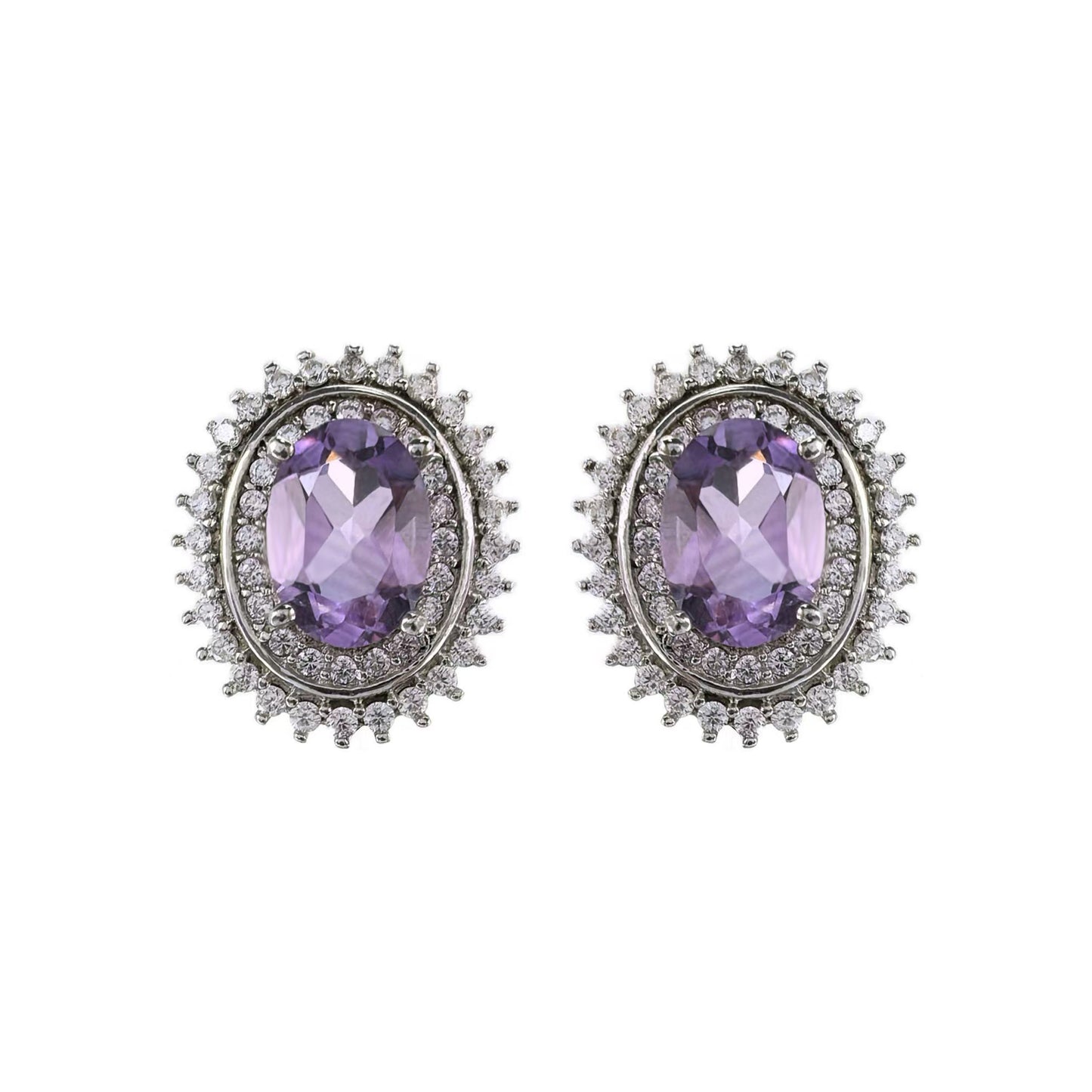Sparkling Rhodium Plated 925 Sterling Silver Natural Amethyst Stud Earrings