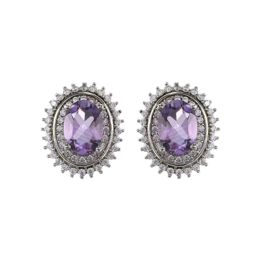 Sparkling Rhodium Plated 925 Sterling Silver Natural Amethyst Stud Earrings