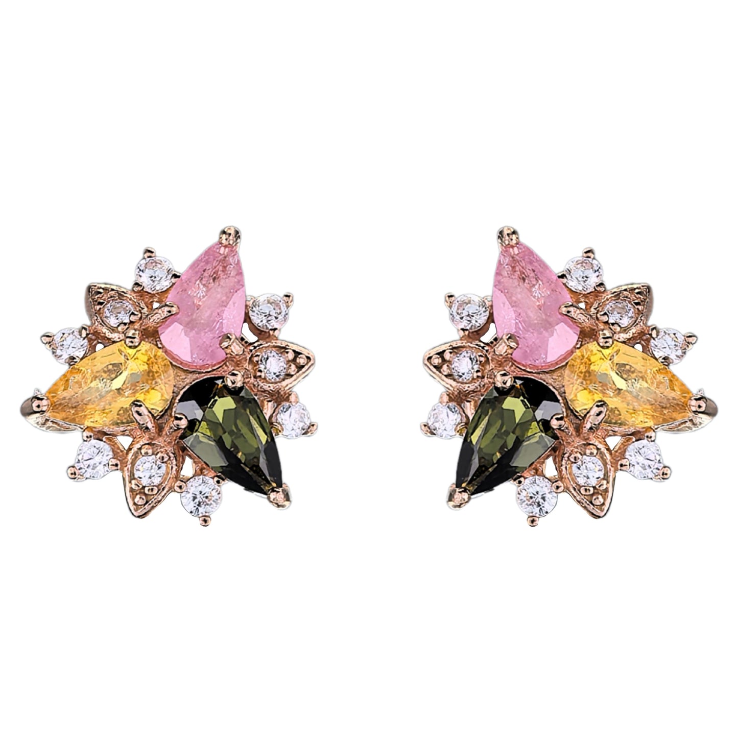 Rose Gold Plated Silver 925 Jewelry Natural Tourmaline Flower Stud Earrings