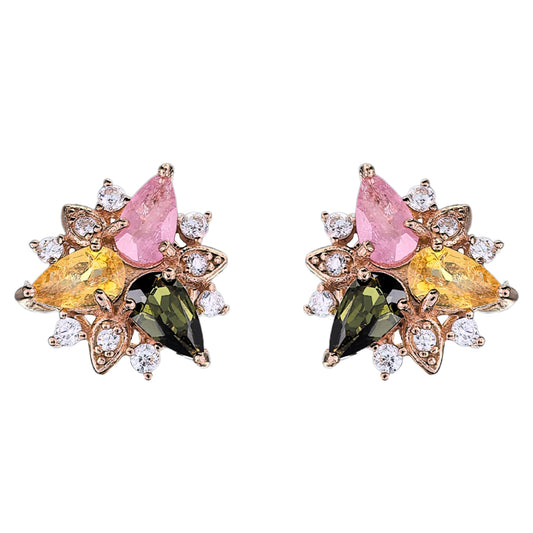 Rose Gold Plated Silver 925 Jewelry Natural Tourmaline Flower Stud Earrings